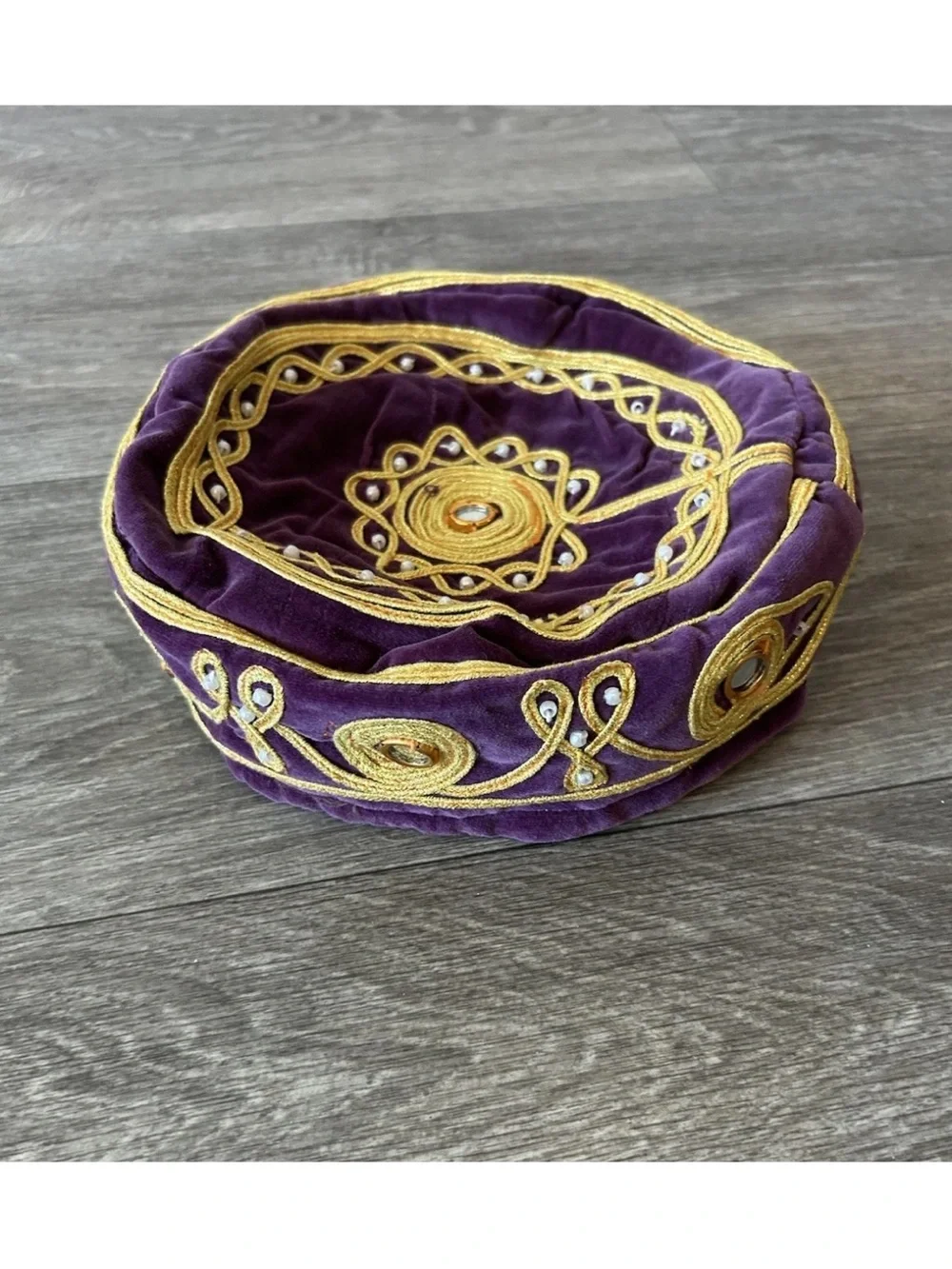 Vintage Velvet Embroidered Turkish Islamic Hat Kufi Gold Thread Mirror Bead